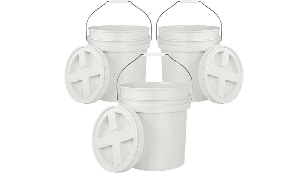 three 5 gallon white buckets