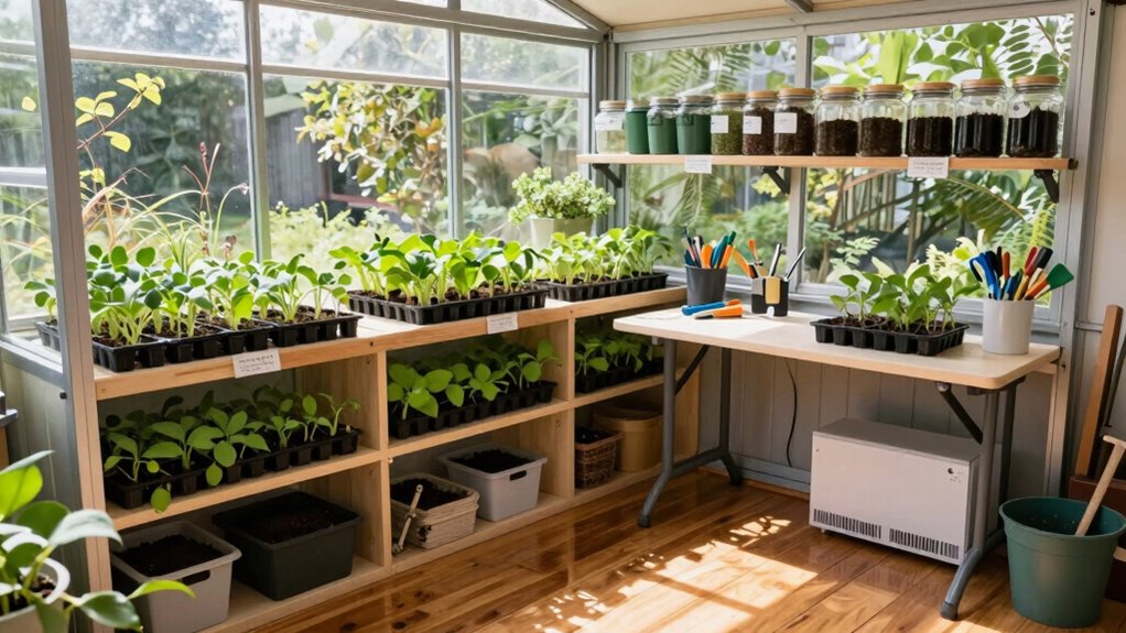 organized well lit seed starting shed