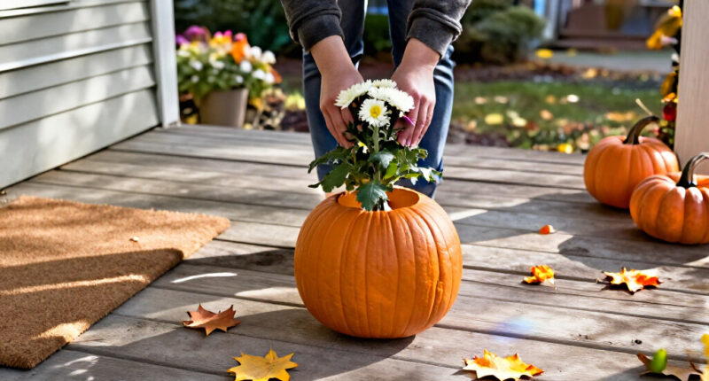The DIY Pumpkin Plant Pot Trend Is Bringing An Unexpected Twist To Fall Porches – It's My New Favorite Way To Grow Chrysanthemums